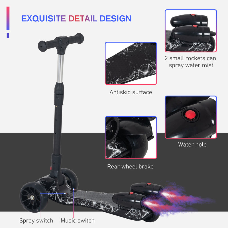 Kids 3 Wheel Scooter Adjustable Height w/ Flashing Wheels Music Water Spray Foldable Design Cool On Off Road Vehicle Black