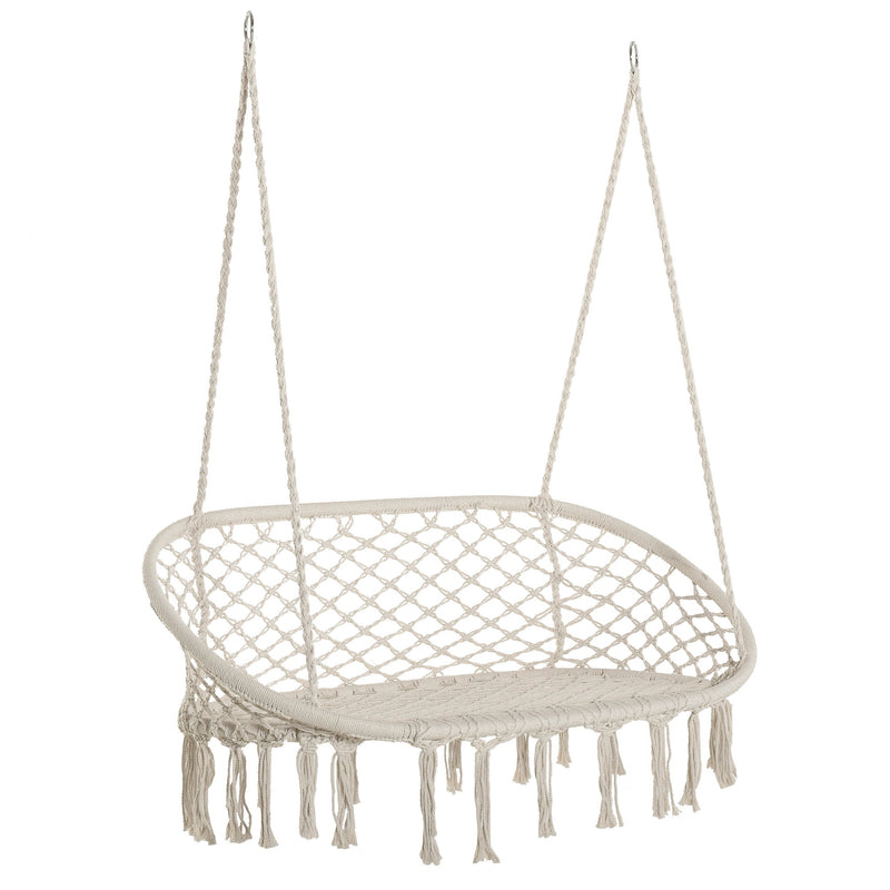 Hanging Hammock Chair Cotton Rope Porch Swing with Metal Frame, Large Macrame Seat for Patio, Garden, Bedroom, Living Room, Cream White