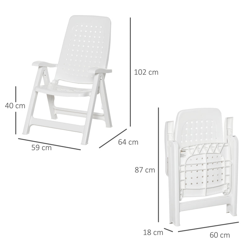 Set of 2 Folding Plastic Dining Chairs with 4-Position Backrest, Reclining Armchairs for Indoor & Outdoor Events, Camping, White