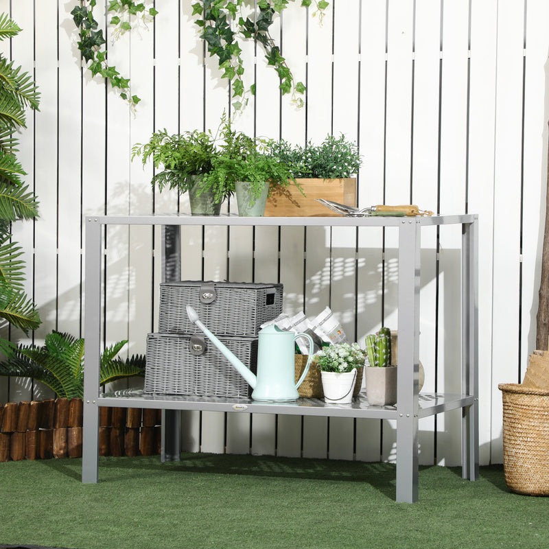 2-Tier Plant Stand, Corner Plant Shelf for Outdoor and Indoor Storage Organizer, Freestanding Flower Rack w/Steel Frame, Mesh Board, Silver