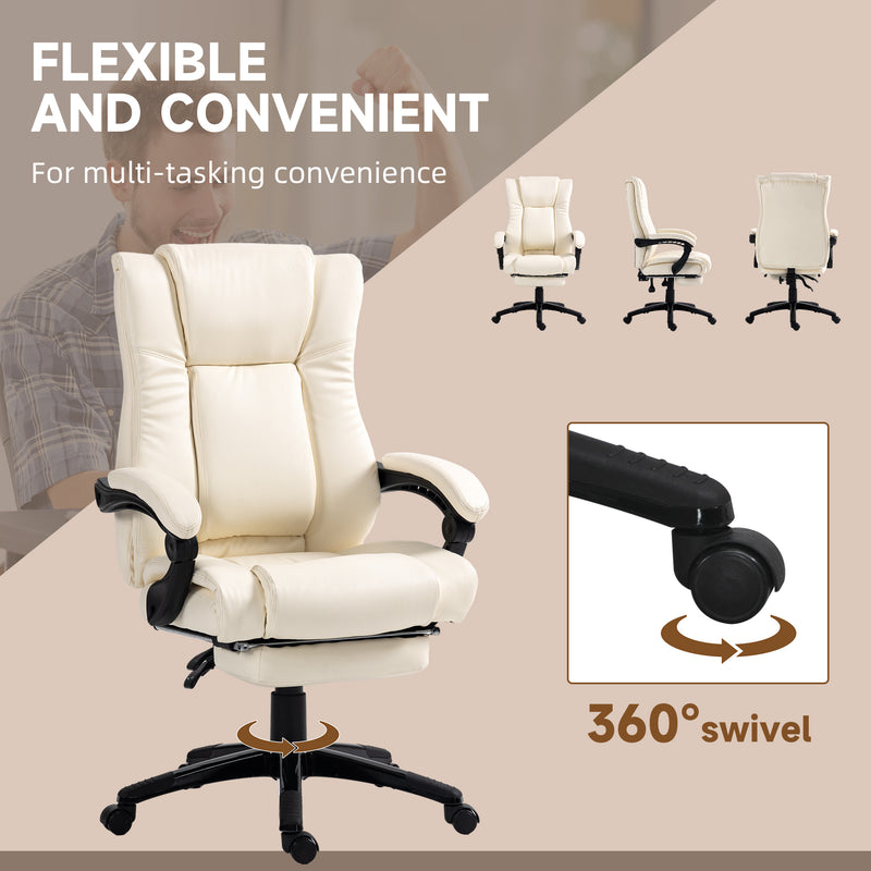 PU Leather Office Chair, Swivel Computer Chair with Footrest, Wheels, Adjustable Height, Cream White