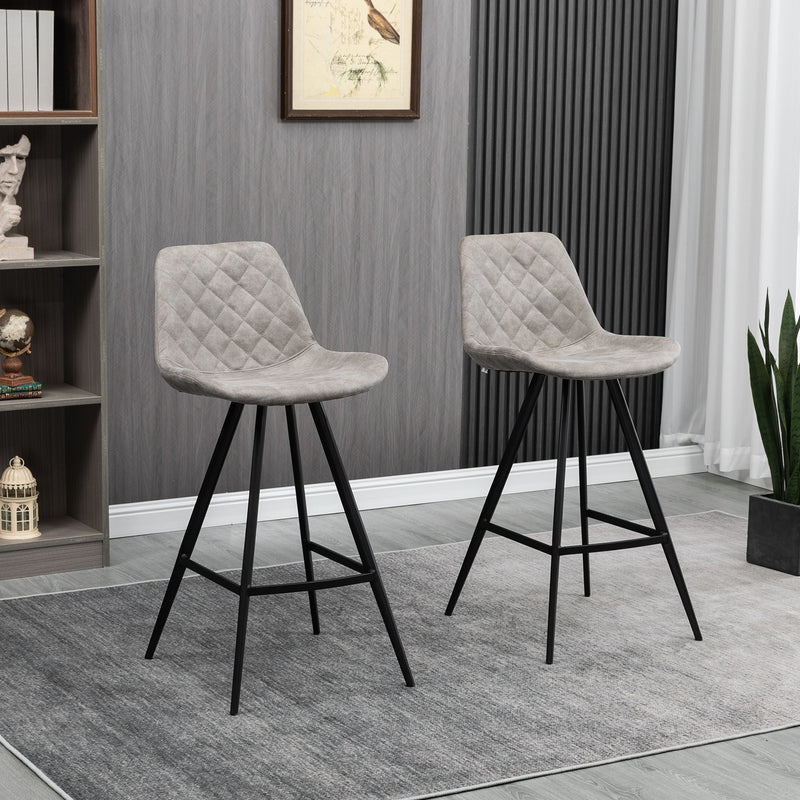 Set Of 2 Bar Stools Vintage Microfiber Cloth Tub Seats Padded Comfortable Steel Frame Footrest Quilted Home Bar Cafe Kitchen Chair Stylish Grey