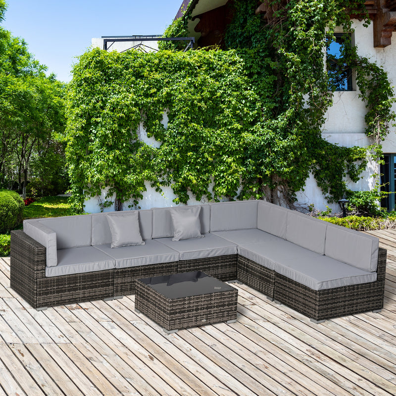 7 PC Garden Rattan Furniture Set Patio Outdoor Sectional Wicker Weave Sofa Seat Coffee Table w/ Cushion and Pillow Buckle Structure