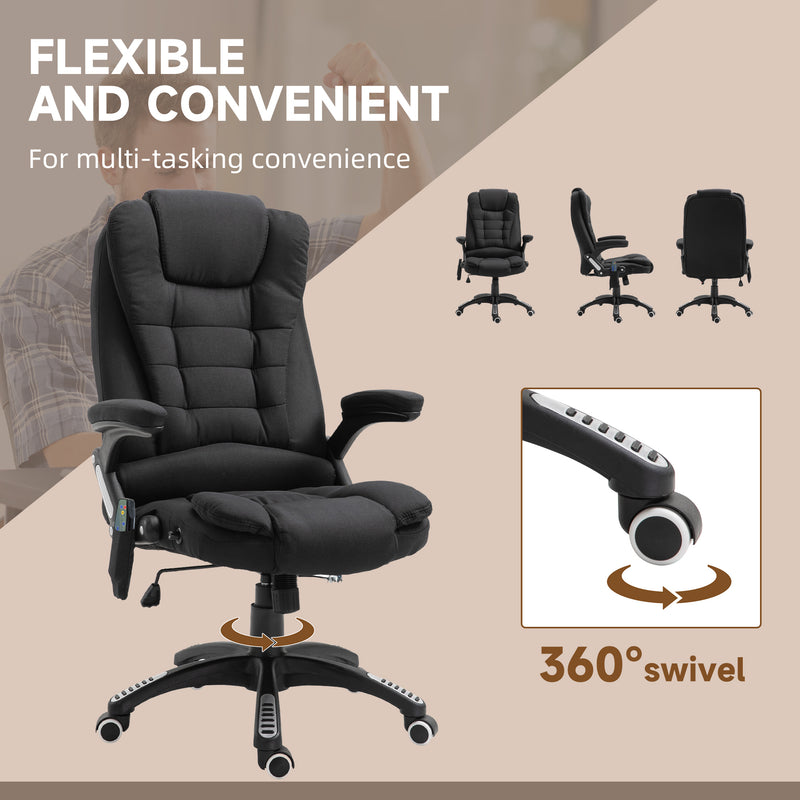 Massage Recliner Chair Heated Office Chair with Six Massage Points Linen-Feel Fabric 360° Swivel Wheels Black