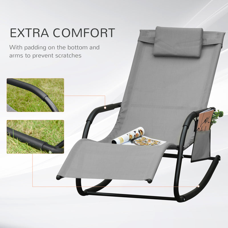 2Pcs Garden Rocking Chair, Patio Sun Lounger Rocker Chair w/ Breathable Mesh Fabric, Removable Headrest Pillow, Side Storage Bag, Grey