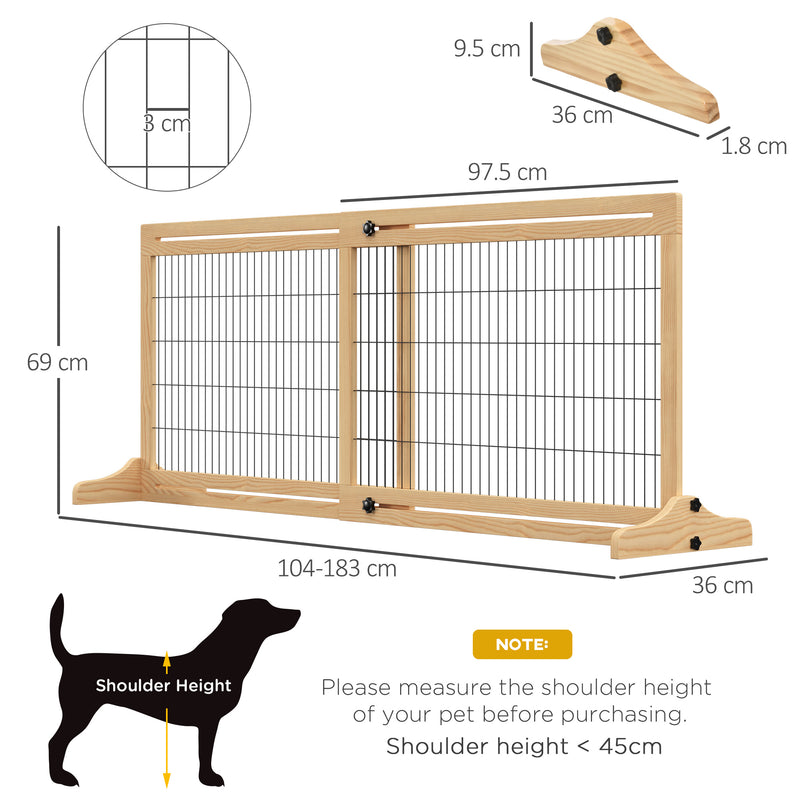 Adjustable Wooden Pet Gate, Freestanding Dog Barrier Fence with 2 Panels for Doorway, Hallway, 69H x 104-183 cm, Natural
