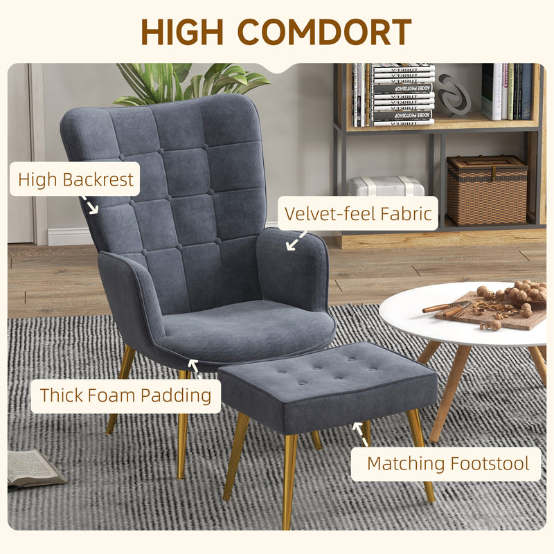 Upholstered Armchair w/ Footstool Set, Modern Button Tufted Accent Chair w/ Gold Tone Steel Legs, Wingback Chair for Living Room, Dark Grey