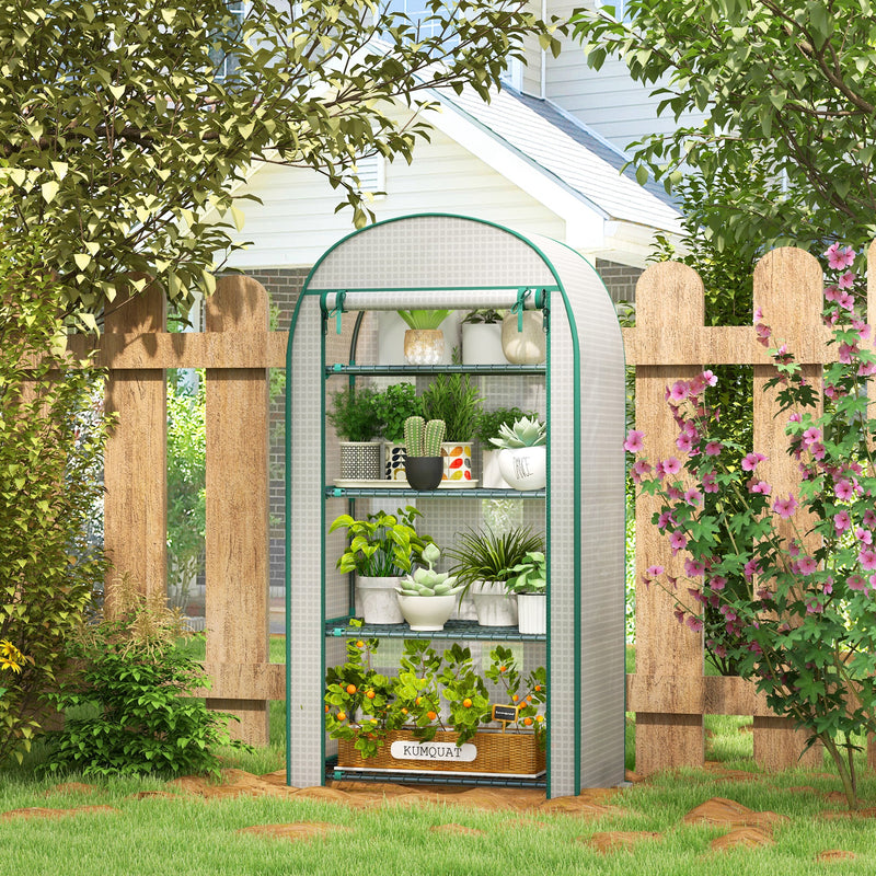80 x 49 x 160cm Mini Greenhouse for Outdoor, Portable Gardening Plant Green House with Storage Shelf, Roll-Up Zippered Door, Metal Frame and PE Cover, White