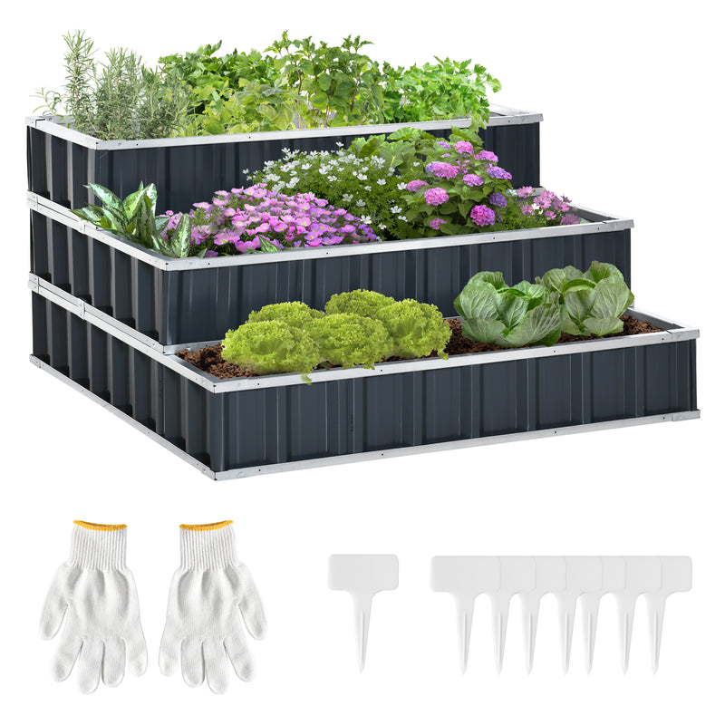3 Tier Raised Garden Bed, Metal Elevated Planer Box Kit w/ A Pairs of Glove for Backyard, Patio to Grow Vegetables, Herbs, and Flowers, Grey