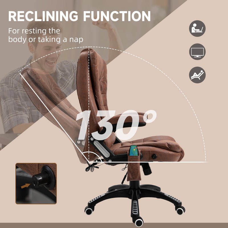 Massage Recliner Chair Heated Office Chair with Six Massage Points Microfiber Cloth 360° Swivel Wheels Brown