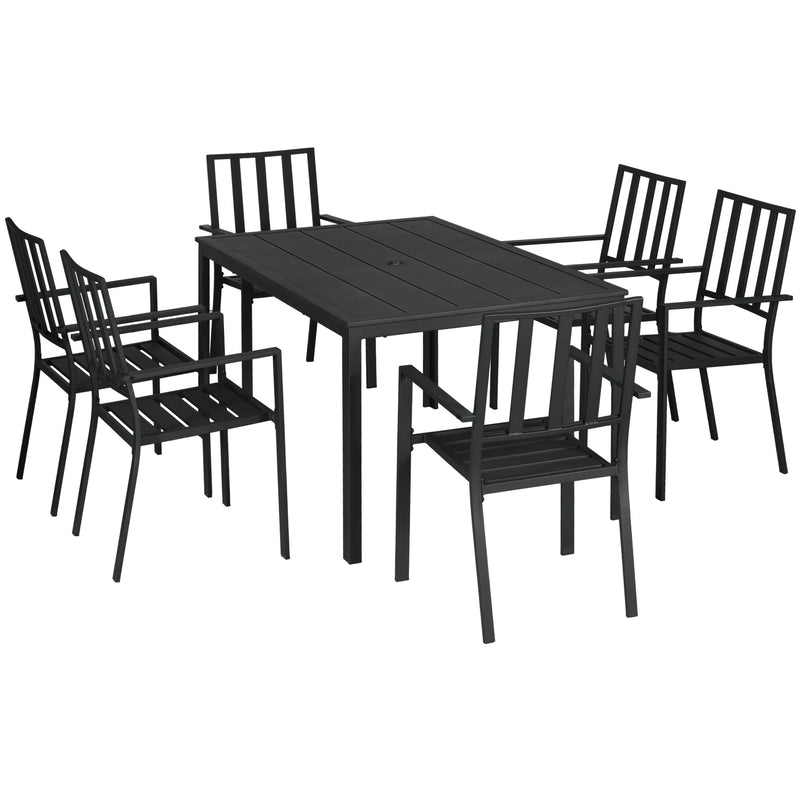 7 Pieces Garden Dining Set, Outdoor Table and 6 Stackable Chairs, Metal Top Table with Umbrella Hole, Black