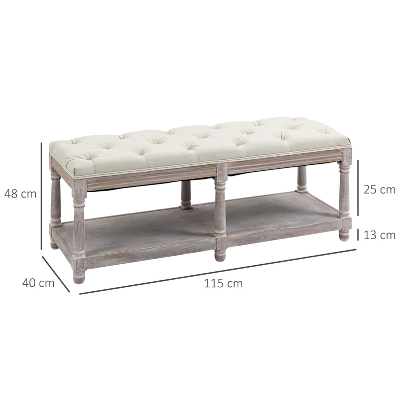2 Tier Shoe Rack Bench with Button Tufted Upholstered Cushion, Vintage Bed End Bench, Wooden Window Seat for Hallway, Living Room, Cream White