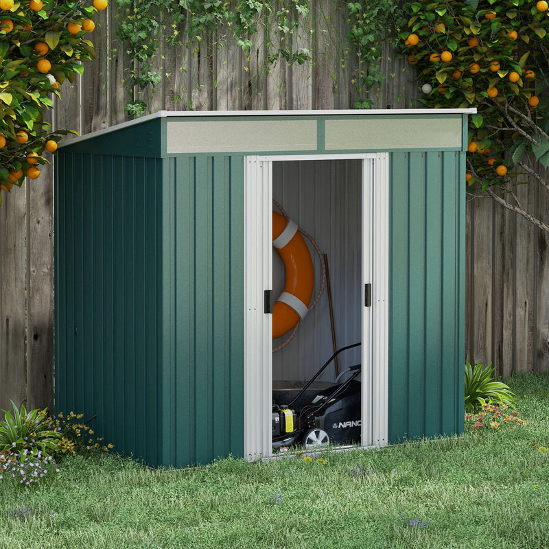 6.5 x 4FT Galvanised Metal Shed with Foundation, Lockable Tool Garden Shed with Double Sliding Doors and 2 Vents, Green