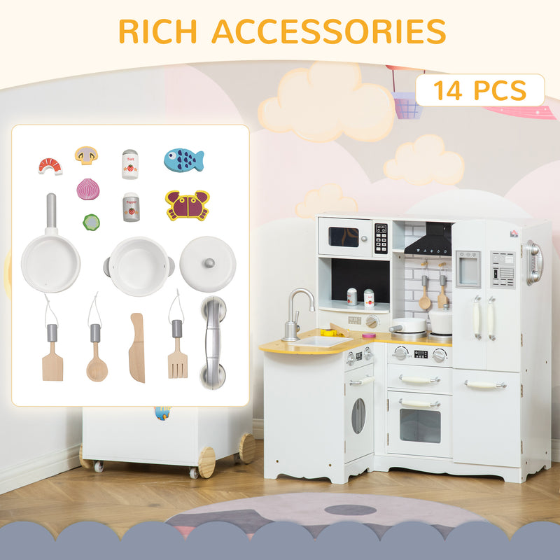 Kids Wooden Kitchen, Large Pretend Role Play Kitchen w/ Realistic Refrigerator, Microwave, Oven, Range Hood, Sink, Telephone