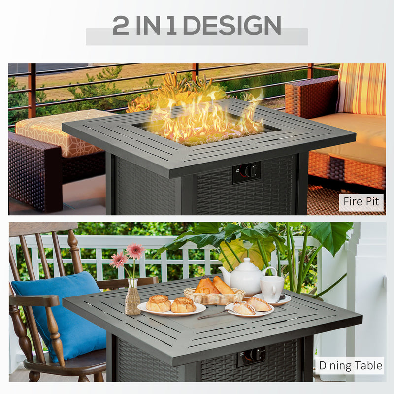 Square Propane Gas Fire Pit Table, 40000 BTU Rattan Smokeless Firepit Patio Heater w/ Protective Cover, Lava Rocks and Lid, 71x71x62cm, Black