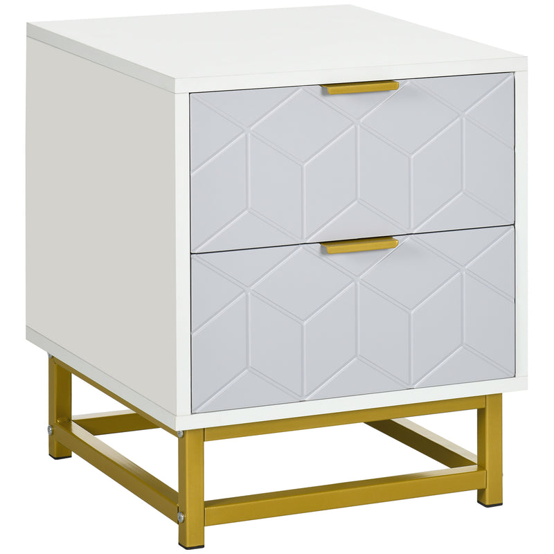 Bedside Table with 2 Drawers, Side Table, Bedside Cabinet with Steel Frame for Living Room, Bedroom, Grey and White