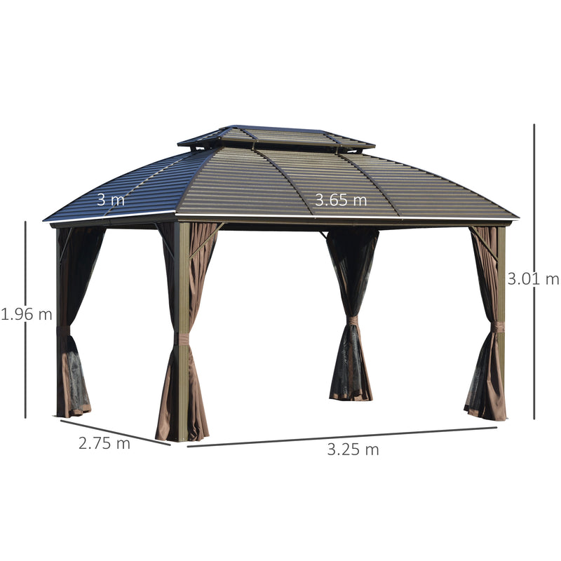 3.65 x 3(m) Hardtop Steel Gazebo Canopy for Patio Heavy Duty Outdoor Pavilion with Aluminum Alloy Frame, Double Roof, Brown