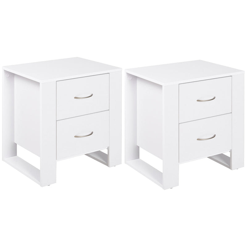 Bedside Table with 2 Drawers, Nightstand with Handles and Elevated Base, Side Table for Bedroom, Living Room, Set of 2, White