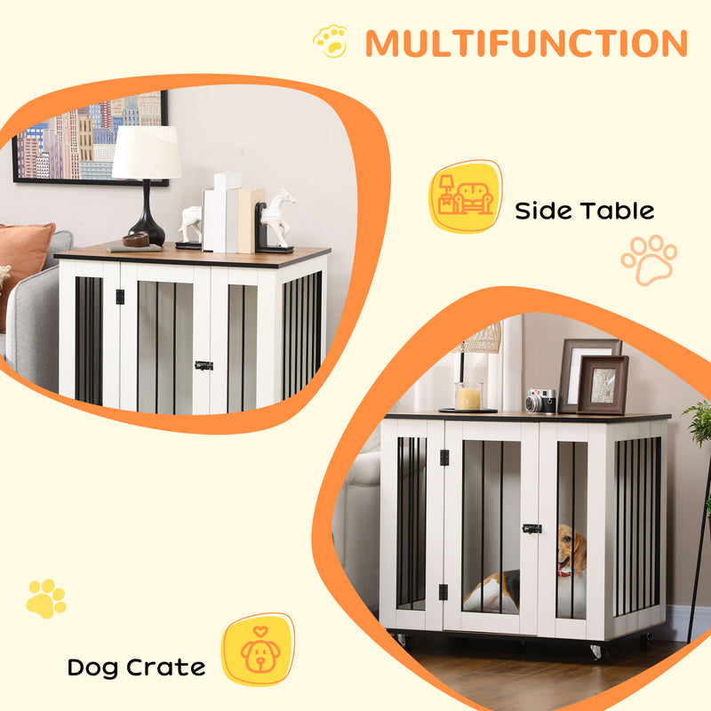 Dog Crate Furniture with Wheels, Dog Cage End Table for Medium Dogs, with Lockable Door, White, 80 x 60 x 76.5cm