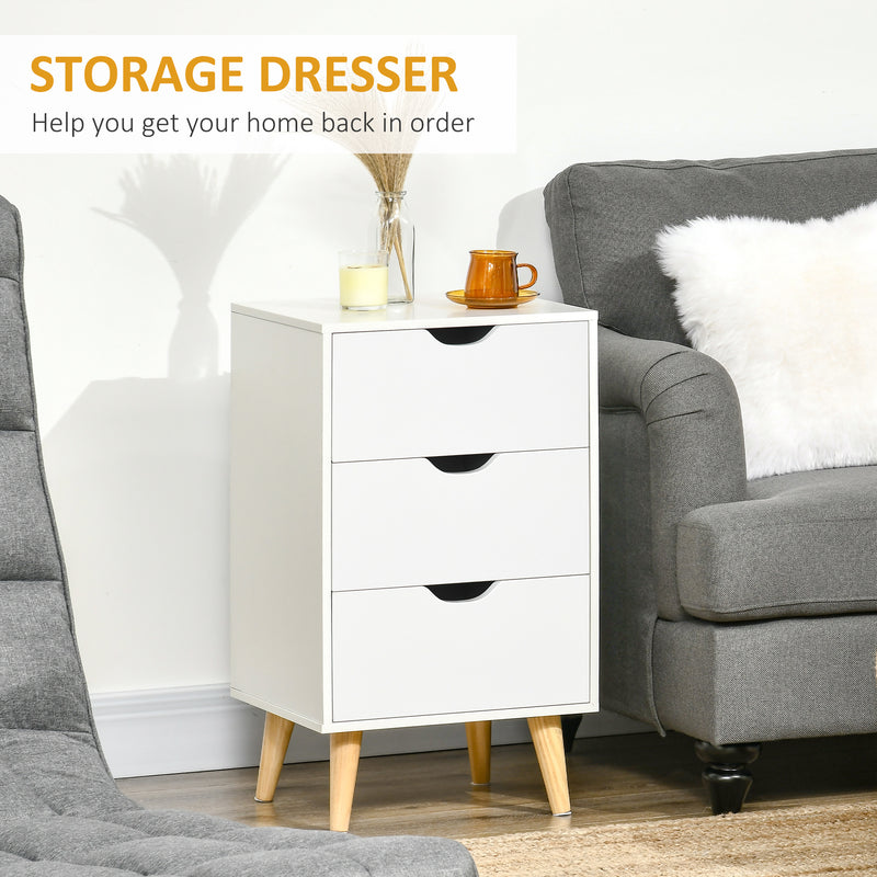 Bedroom Chest of Drawers, 3-Drawer Storage Unit with Wood Legs and Cut-out Handles, White