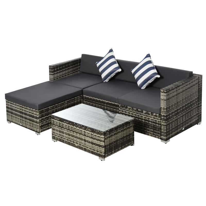 4-Seater Garden Rattan Furniture Set, Outdoor Sectional Conversation PE Rattan Sofa Set, with Cushions Pillows and Glass Table, Mixed Grey