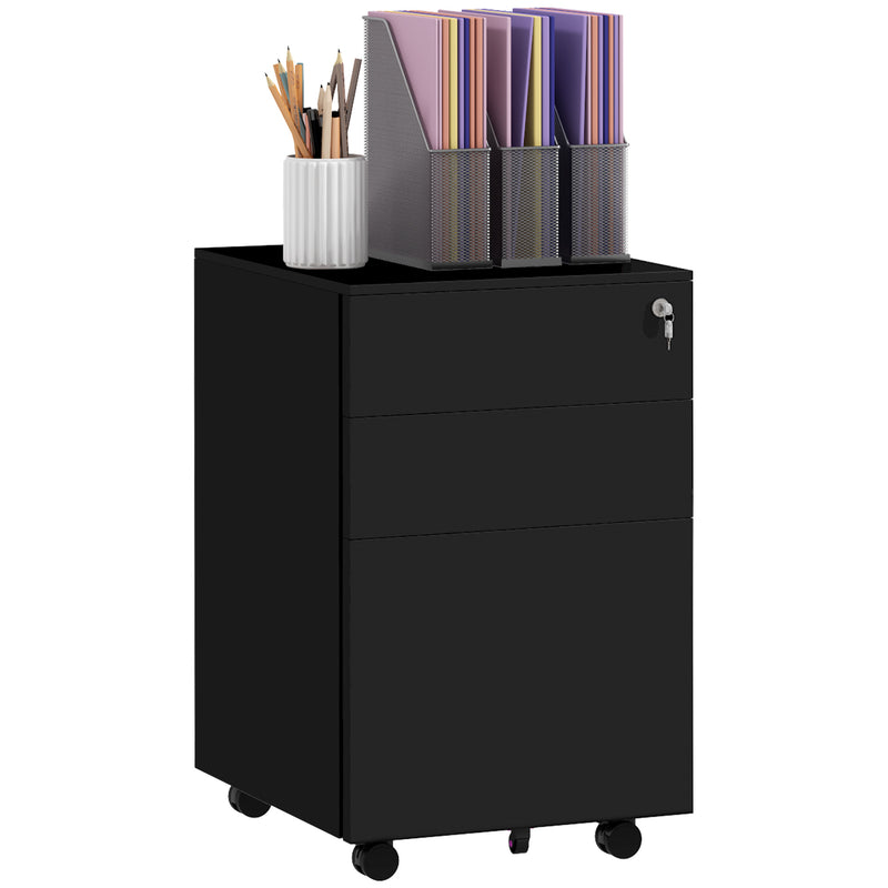 3-Drawer Vertical Filing Cabinet w/ Lock & Pencil Tray, Steel Mobile File Cabinet w/ Adjustable Hanging Bar for A4, Legal Size, Black