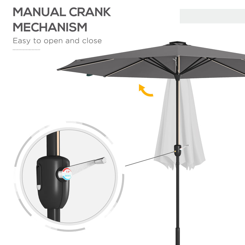 Garden Parasol with LED Lights, Solar Charged Patio Umbrella with Crank Handle, for Outdoor, Charcoal Grey