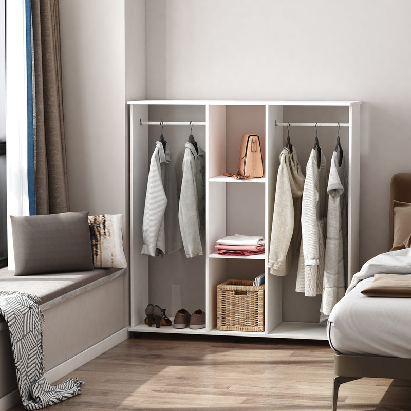 Double Mobile Open Wardrobe With Clothes Hanging Rails Storage Shelves Organizer Bedroom Furniture - White