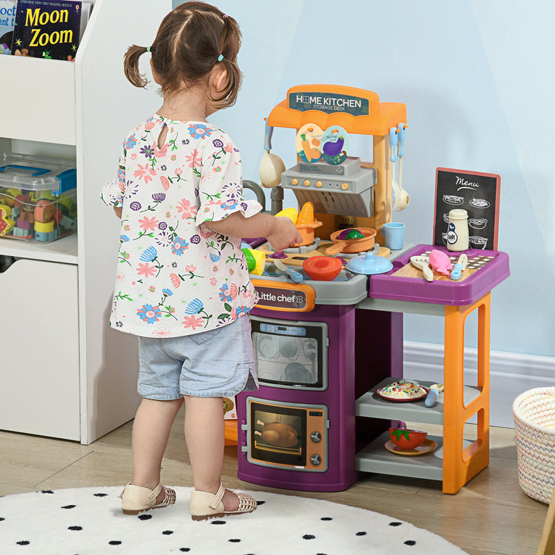 Toy Kitchen, 49 Pieces Kids Play Kitchen, Children Trolley, with Sound and Light, Spray Effects, Running Water