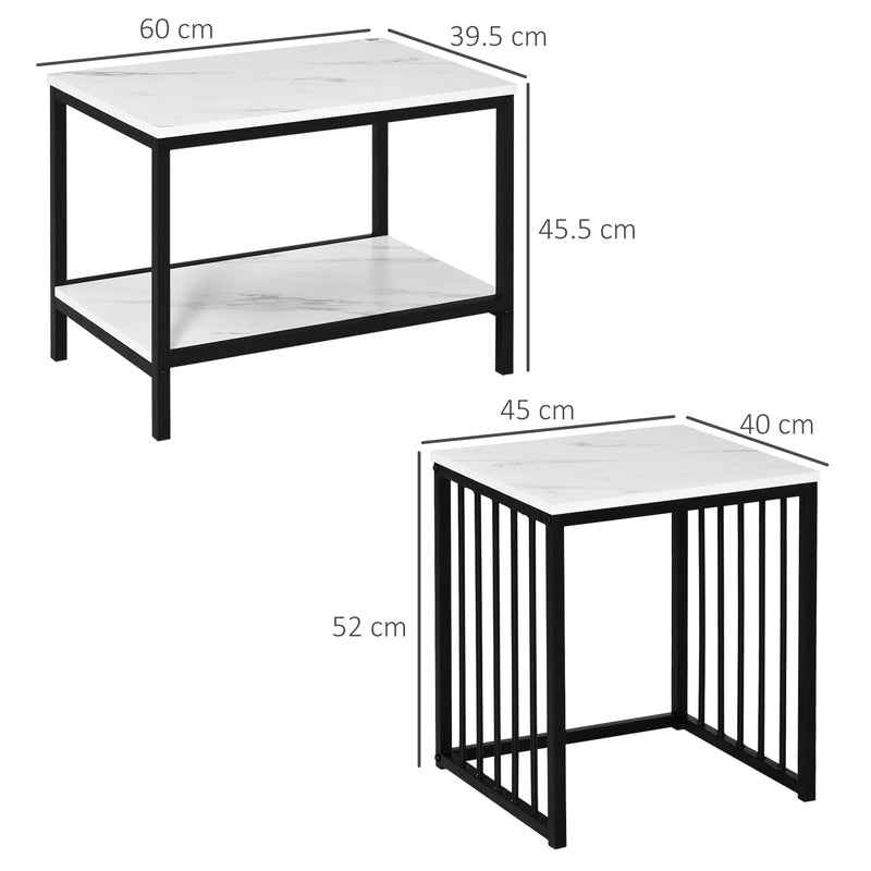 Modern Coffee Table Set of Two, Marble-Effect Nest of Tables with Steel Frame for Living Room, White and Black