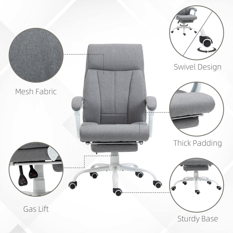 Executive Office Chair, Fabric Reclining Desk Chair with Foot Rest, Arm, Swivel Wheels, Adjustable Height, Grey