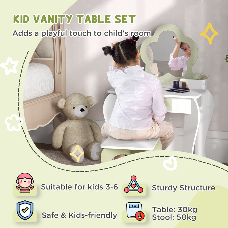 Kids Vanity Table with Mirror and Stool, Drawer, Storage Boxes, Beauty Flower Design, for 3-6 Years Old, White