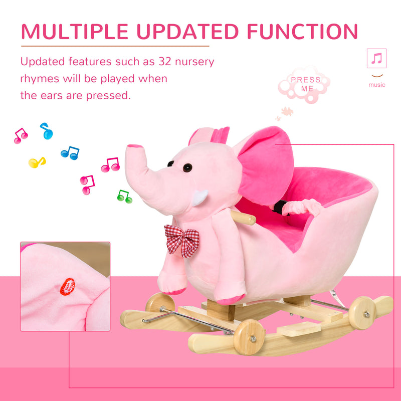 2 In 1 Plush Baby Ride on Rocking Horse Elephant Rocker with Wheels Wooden Toy for Kids 32 Songs (Pink)