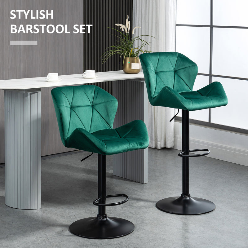 Bar Stools Set Of 2, Luxurious Velvet-Touch Barstools with Metal Frame Footrest Round Base Triangle Indenting Adjustable Height Swivel Green