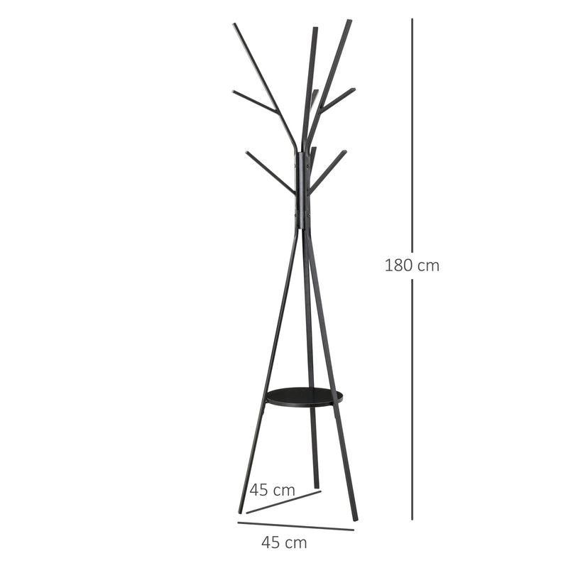 180cm Free Standing Metal Coat Rack Stand 9 Hooks Clothes Tree with 1 Shelf Hat Display Hall Tree Hanger Bag Umbrella Hanging Organiser (Black)