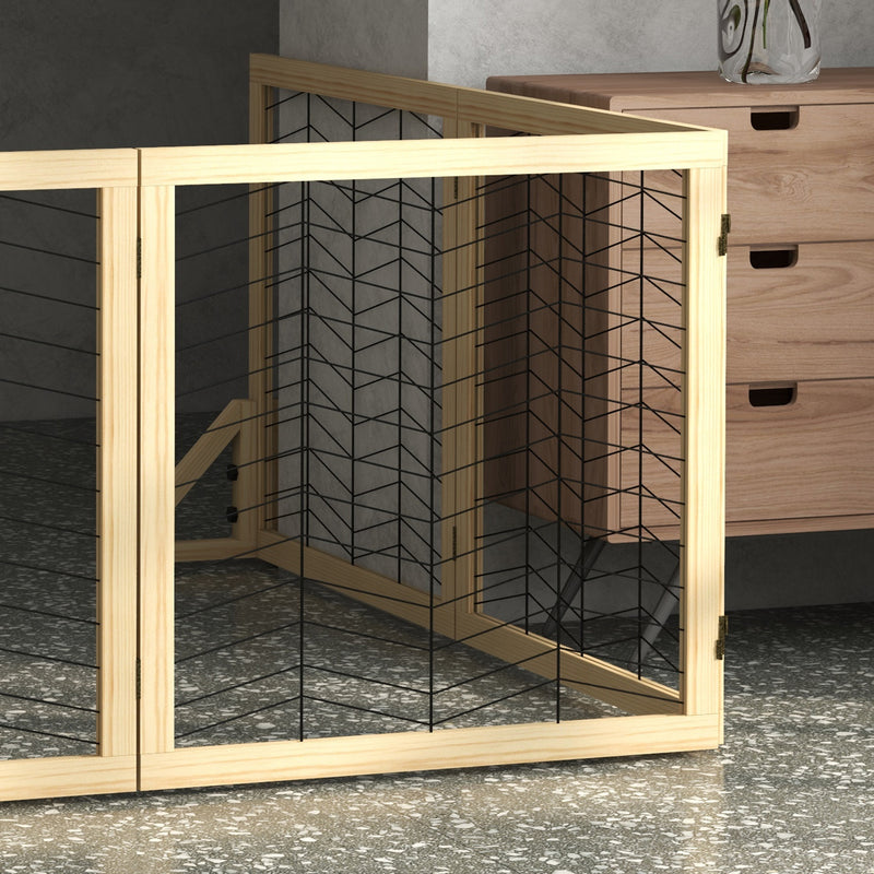 6 Panels Pet Gate, Wooden Foldable Dog Barrier w 2PCS Support Feet, for Small Medium Dogs - Natural Wood Finish