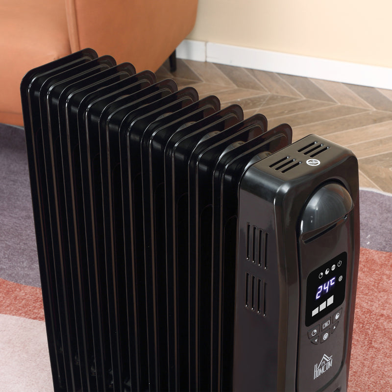 2180W Digital Oil Filled Radiator, 9 Fin, Portable Electric Heater with LED Display, Timer 3 Heat Settings Safety Cut-Off Remote Control Black