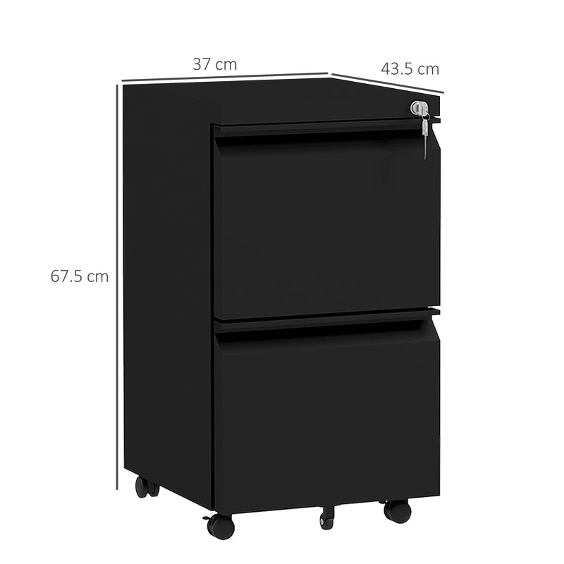 2-Drawer Mobile Filing Cabinet on Wheels, Steel Lockable File Cabinet with Adjustable Hanging Bar for Letter, A4 and Legal Size, Black