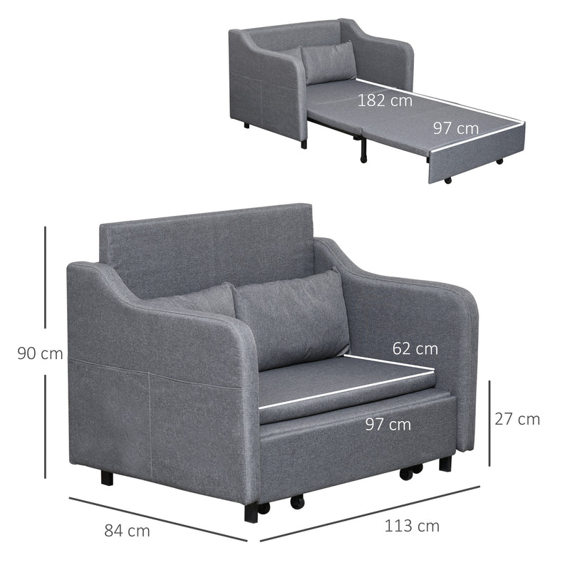2 Seater Sofa Bed, Pull Out Sofa Bed with Pillows and Side Pockets, Convertible Sleeper Couch for Living Room, Grey