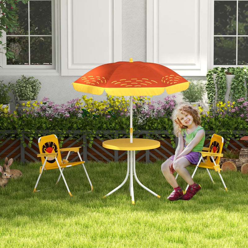 Kids Picnic Table and Chair Set Lion Themed Outdoor Garden Furniture w/ Foldable Chairs, Adjustable Parasol - Yellow