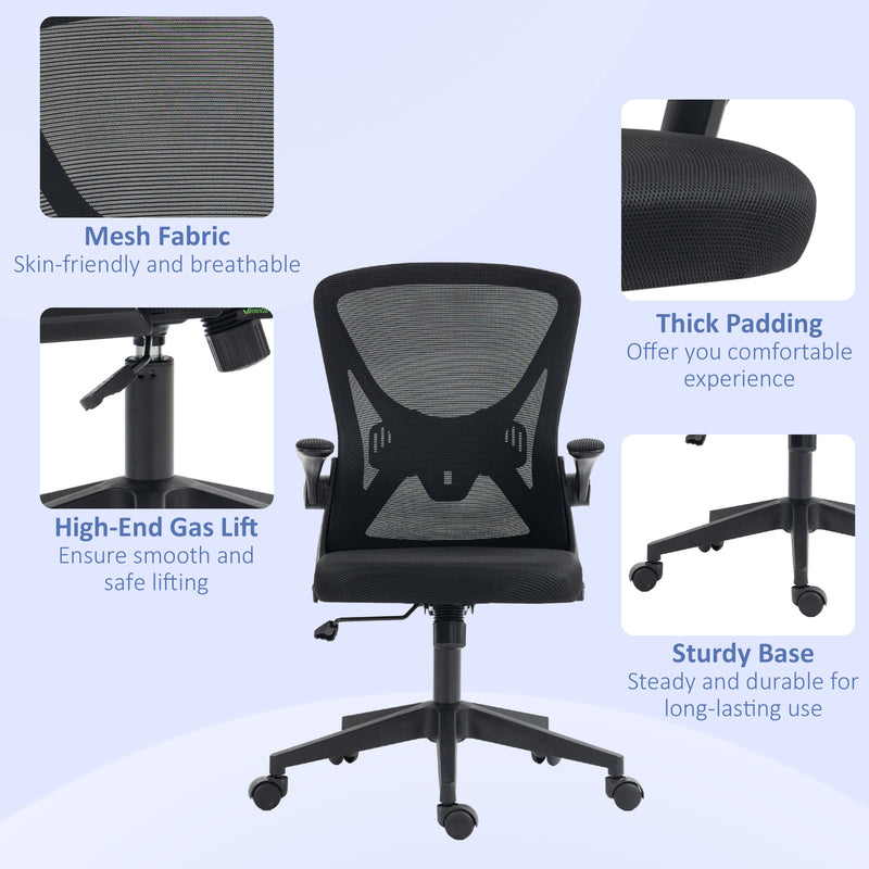 Mesh Office Chair with Flip-up Armrests, Ergonomic Computer Desk Chair with Lumbar Support and Swivel Wheels, Black