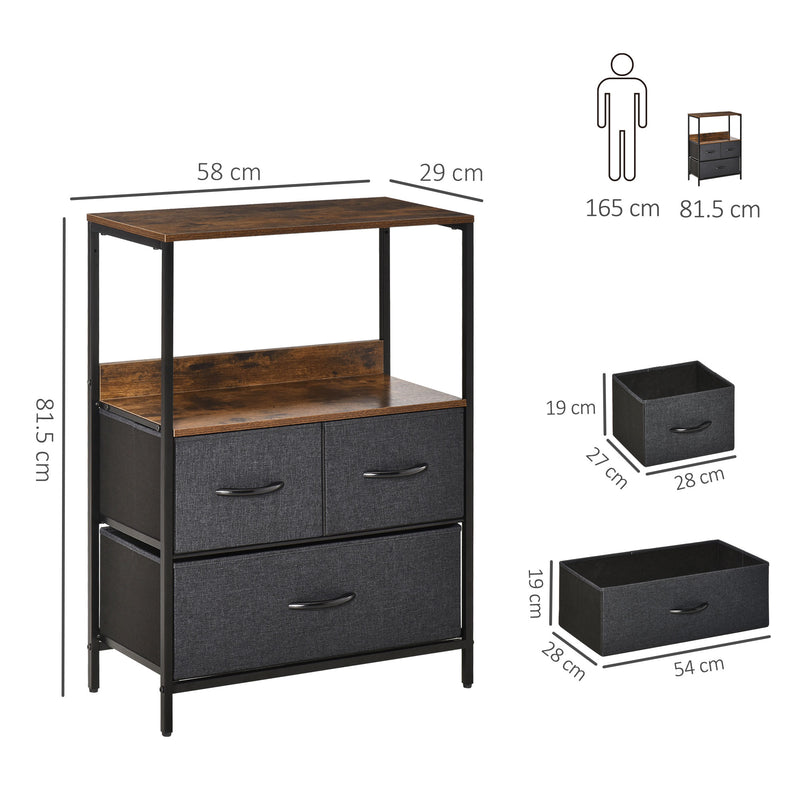 Chest of Drawers Bedroom Unit Storage Cabinet with 3 Fabric Bins for Living Room, Bedroom and Entryway, Black