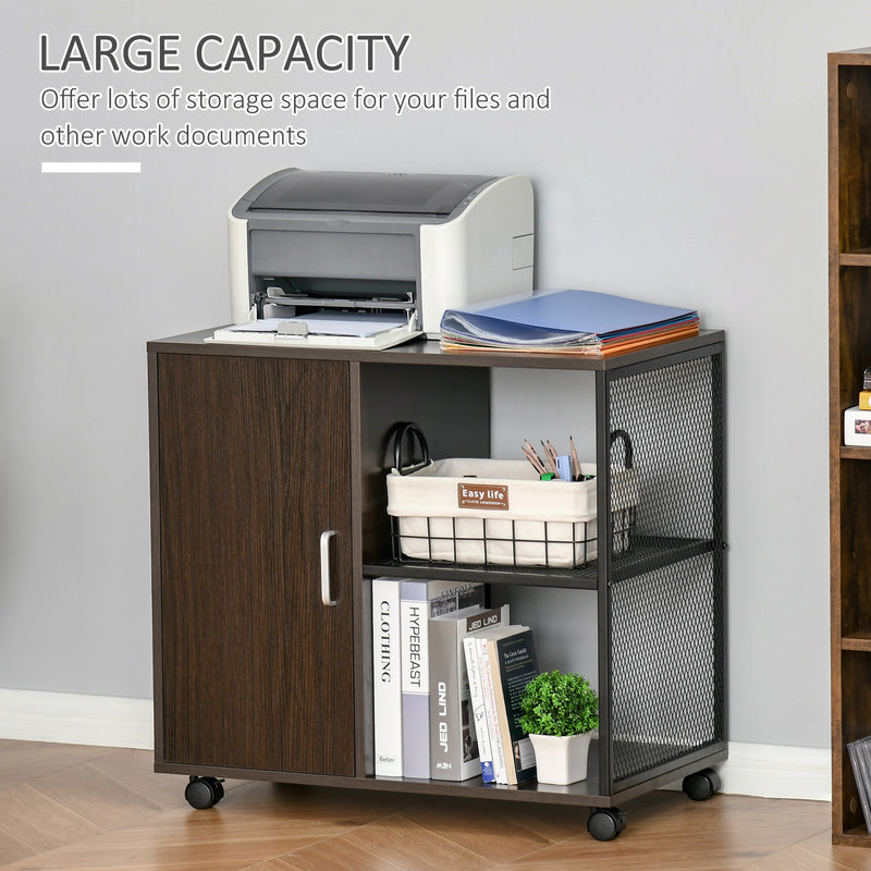 Printer Stand Home Office Mobile Storge File Cabinet Organizer with Castors, Door, Walnut Brown