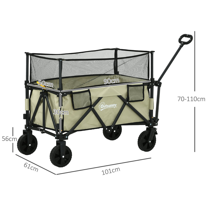 Folding Garden Trolley, 180L Wagon Cart with Extendable Side Walls, for Beach, Camping, Festival, Khaki
