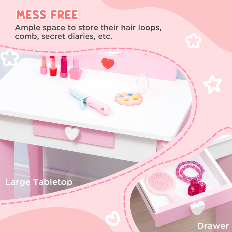 3PCs Kids Bedroom Furniture Set with Bed, Dressing Table and Stool, Princess Themed, for 3-6 Years Old, Pink