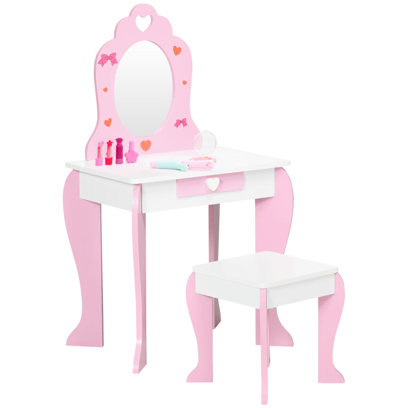 Kids Dressing Table Set Kids Vanity Set Girl Makeup Desk with Mirror Stool Drawer Cute Patterns for 3-6 Years Old, Pink