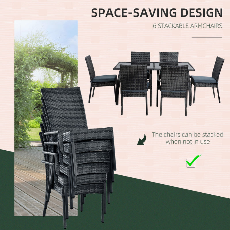 6-Seater Garden Dining Set Steel Frame PE Rattan Wicker w/ 6 Chairs Large Table Glass Top Curved Legs Feet Pads Thick Cushions Suitable Grey