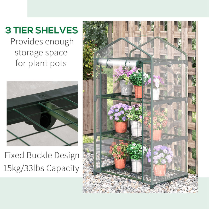 3 Tier Mini Greenhouse Portable Garden Grow House with Roll Up Door and Wire Shelves, 69L x 49W x 125H cm, Clear