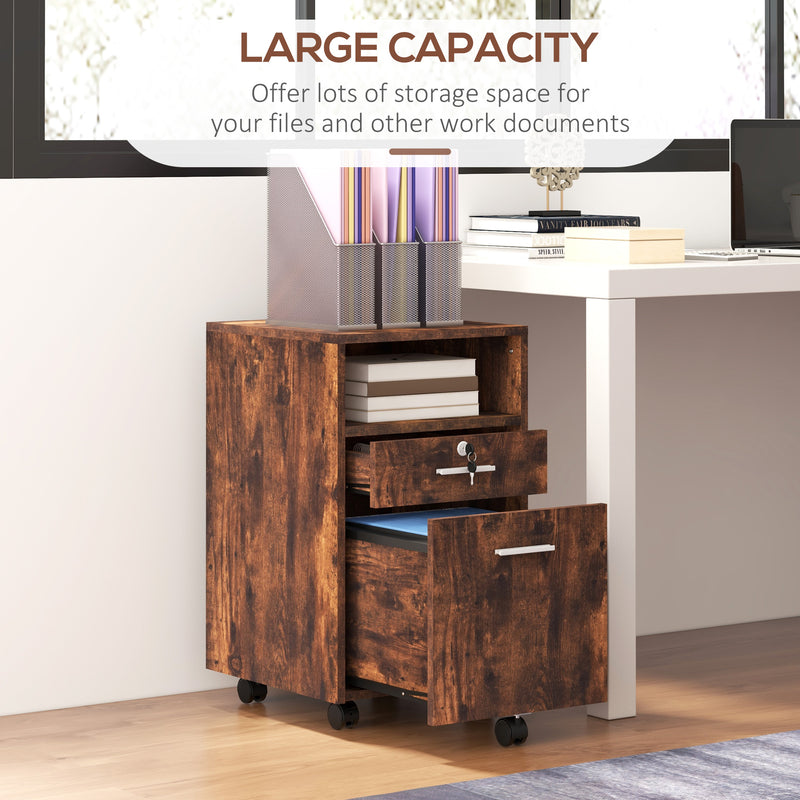 Lockable Filing Cabinet for Home Office, Mobile File Cabinet with Wheels Hanging Bar for A4, Letter Size, Rustic Brown