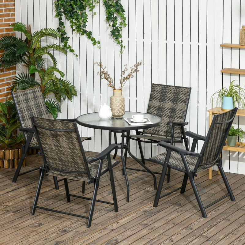 5 Pcs Rattan Dining Sets Garden Dining Set w/ PE Rattan Folding Armchair, Round Glass Top Dining Table with Umbrella Hole, Mixed Grey